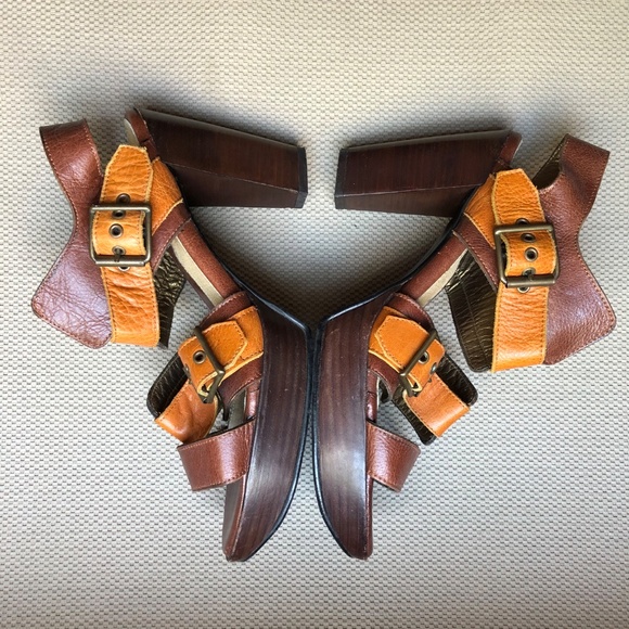 Fluevog Summertimes Aquarius retro platform leather sandals oxblood orange Sz 9 - Picture 6 of 8